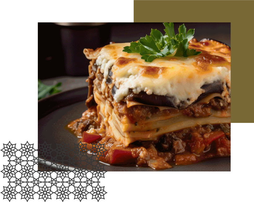 A plate of moussaka topped with meat and cheese.